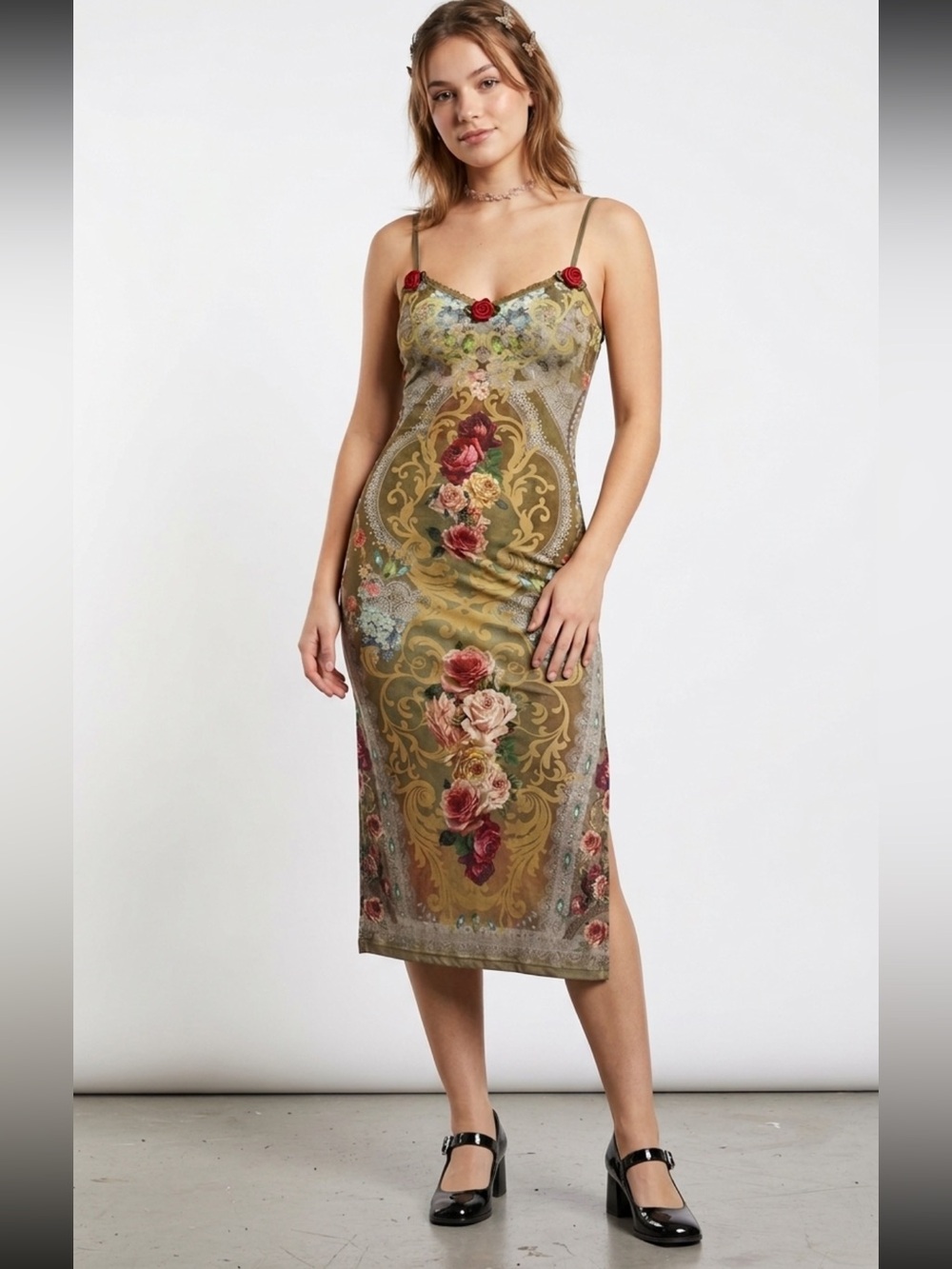 ROMWE Slip Dress Trompe-L'œil Floral Print Victorian Grunge Bodycon Midi XS/Sm